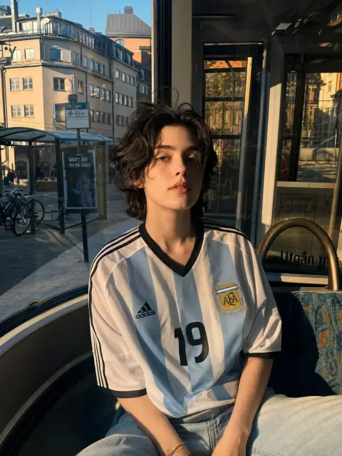 Young man wearing Argentina jersey, city bus street shot