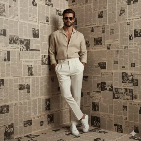 Yuppie gentleman fashion blockbuster in front of retro newspaper wall