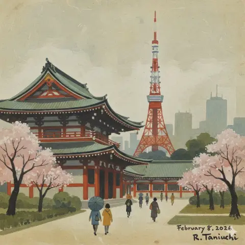 Zojoji Temple painted in the style of Rokuro Taniuchi