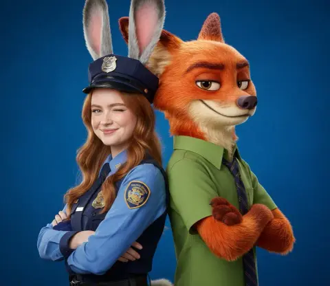 Zootopia live-action version of Judy and anthropomorphic Nick back-to-back posters