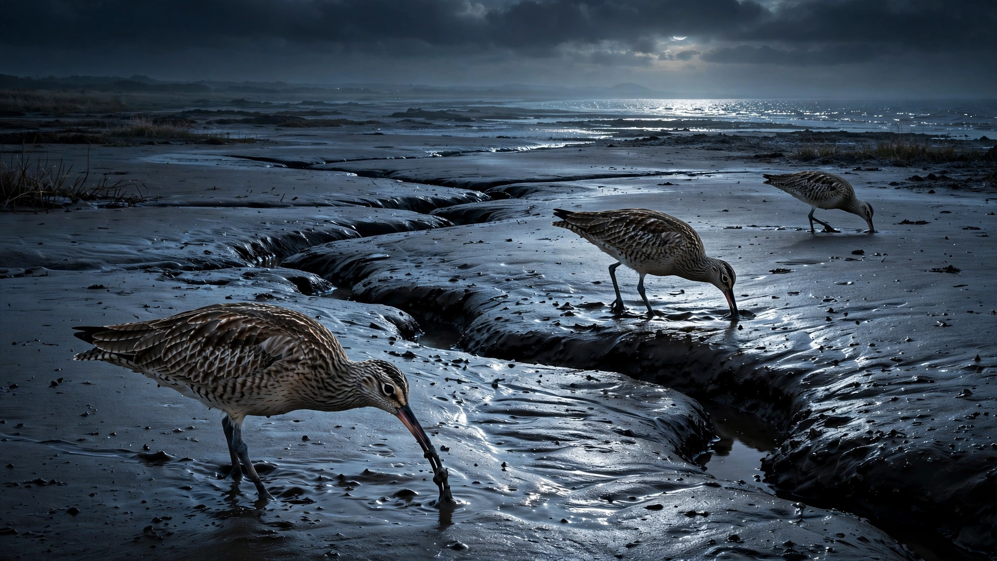 Curlews on Moonlit Mud