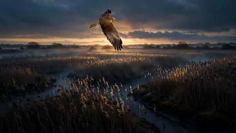 Harrier Over the Dusk Marsh