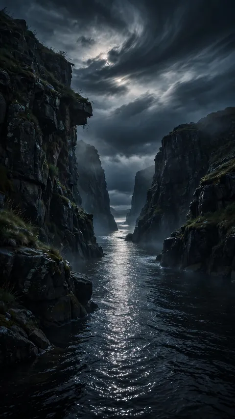 Moonlight Strait Between Cliffs