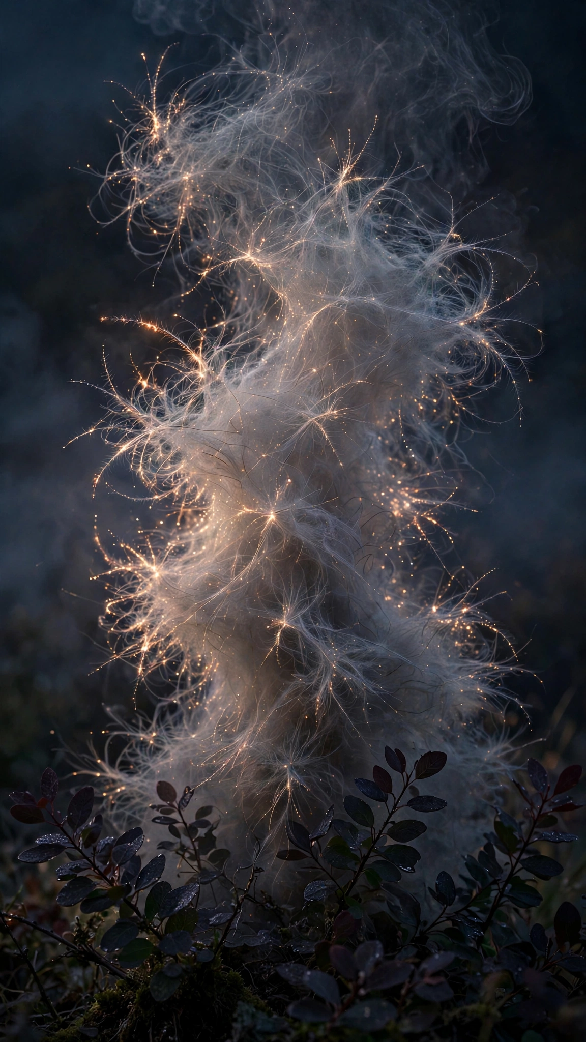 Grey Fire on Dark Leaves