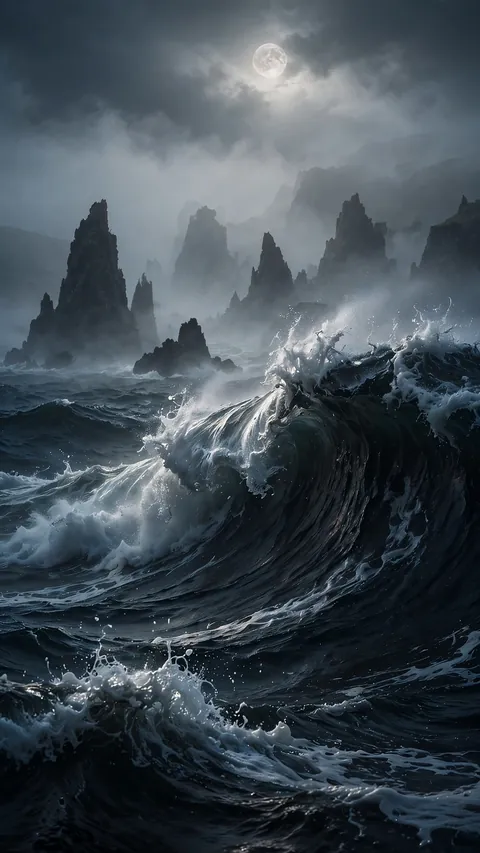 Towering Black Waves Under Moon