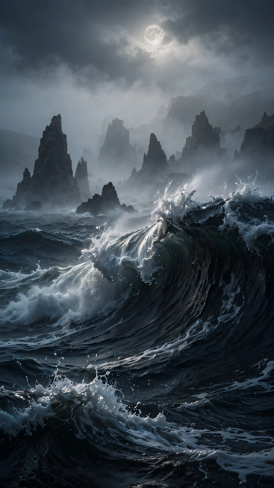 Towering Black Waves Under Moon